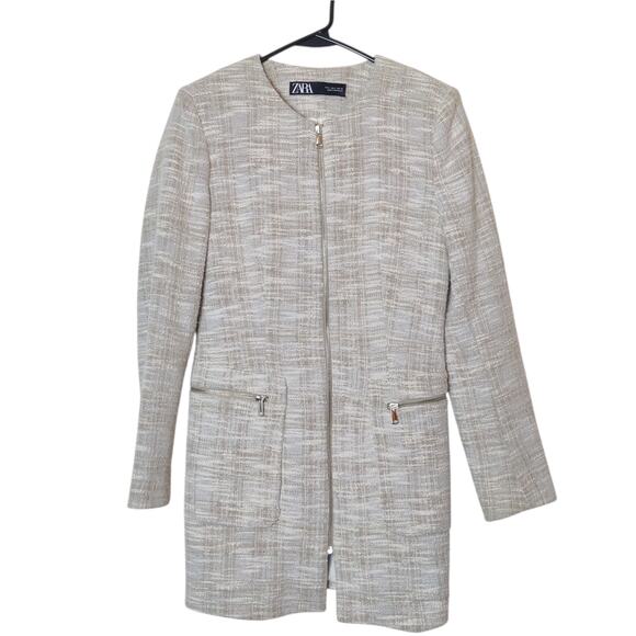 Zara Small Tweed Full Zip Longline Beige Blazer Jacket Preppy Old Money Luxury - Picture 1 of 12